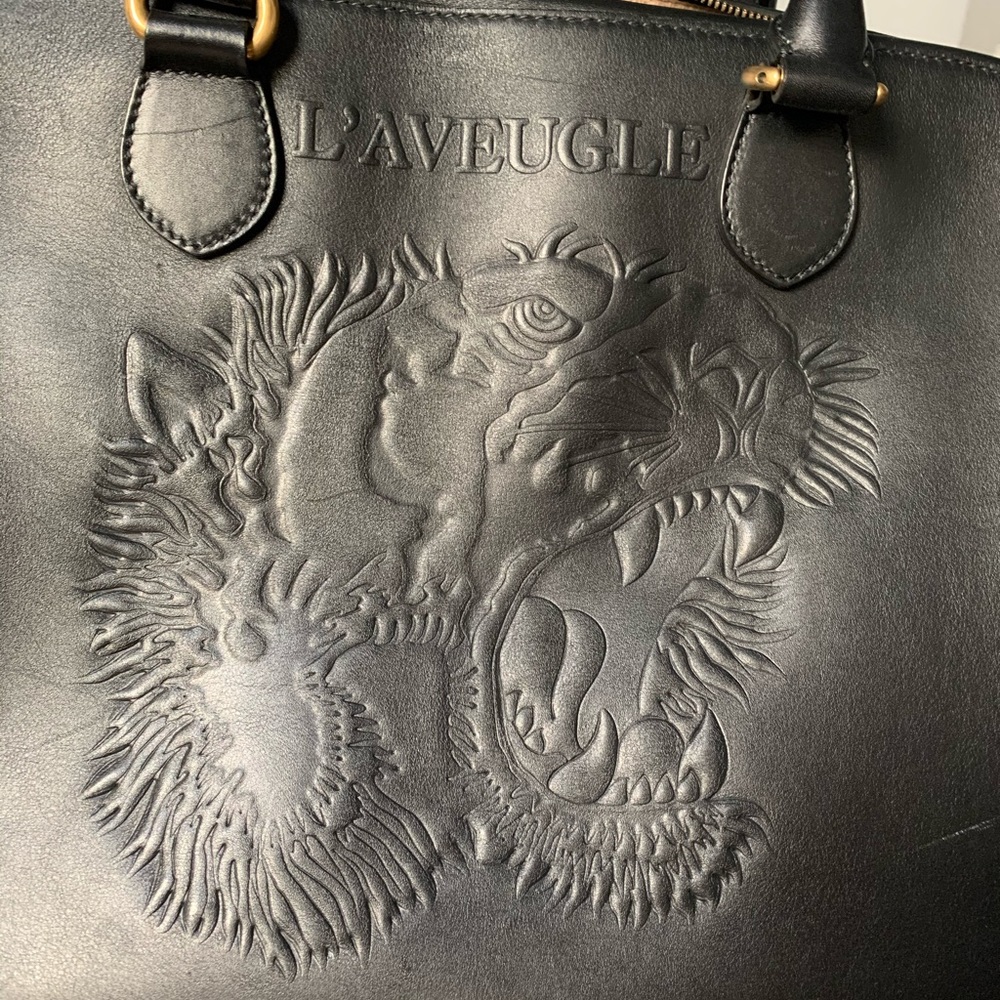 Gucci black leather Rajah tiger top handle tote overnight bag weekender - Picture 9 of 16